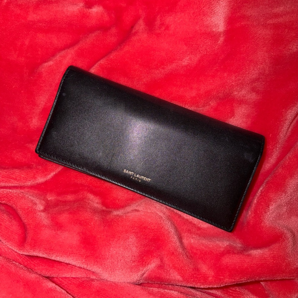 Authentic Vintage Saint Laurent Black Leather Long Wallet with Gold Logo - Picture 4 of 5